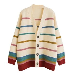 Boutique Loose Sweater Long Stripe Knit Cardigan in Multi Colored - Size M/L